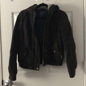 Black bomber jacket with hood